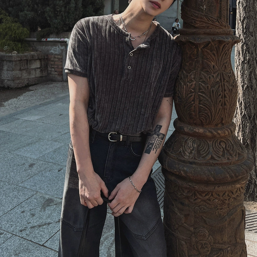 Henley Neck Plain Design Short Sleeve T-Shirt WN20269