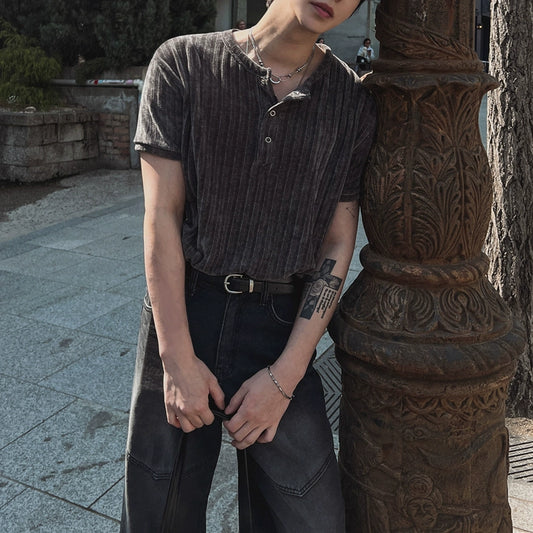 Henley Neck Plain Design Short Sleeve T-Shirt WN20269