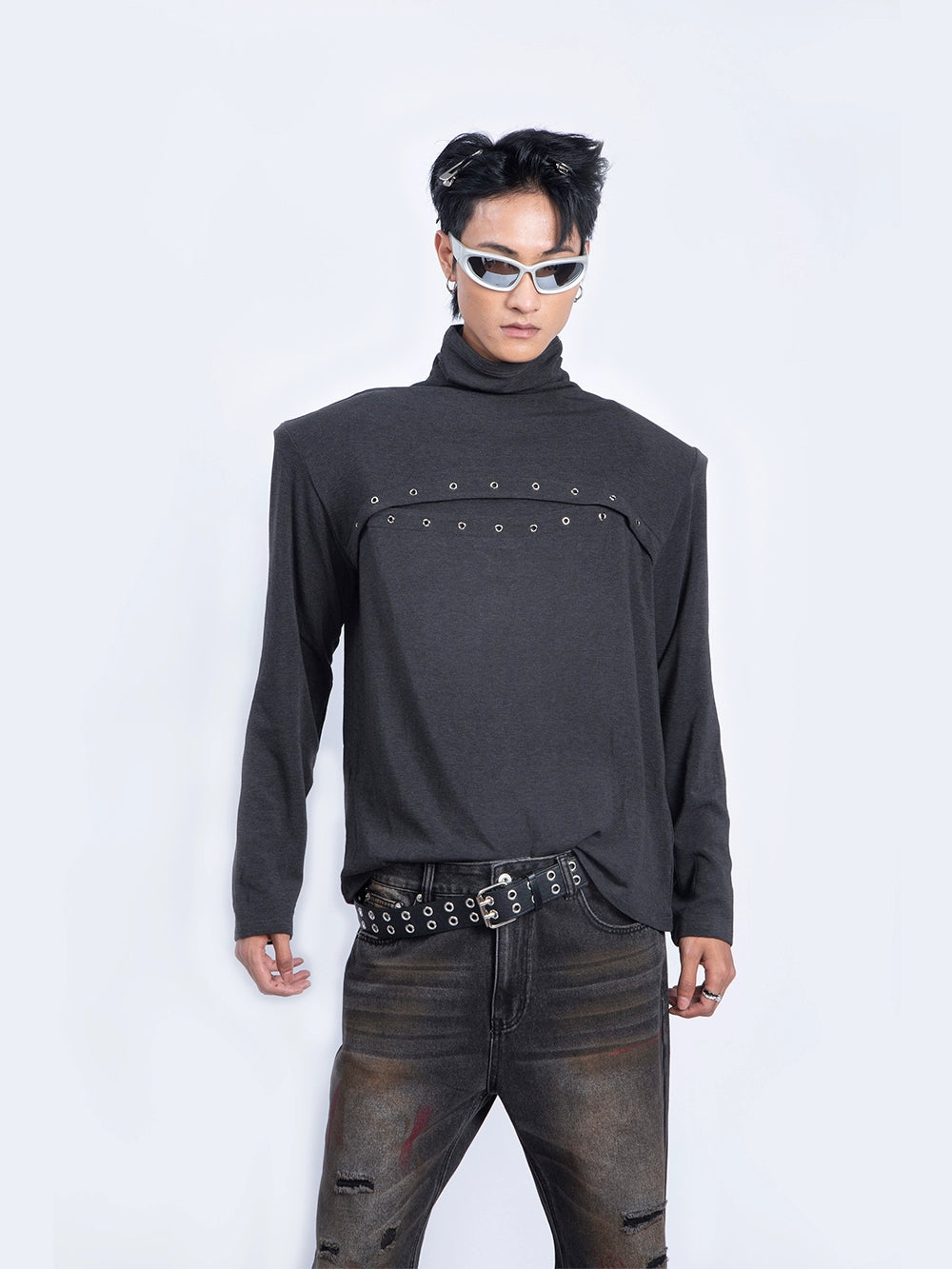 Metal Spliced Stand Neck Long Sleeve T-Shirt WN9239