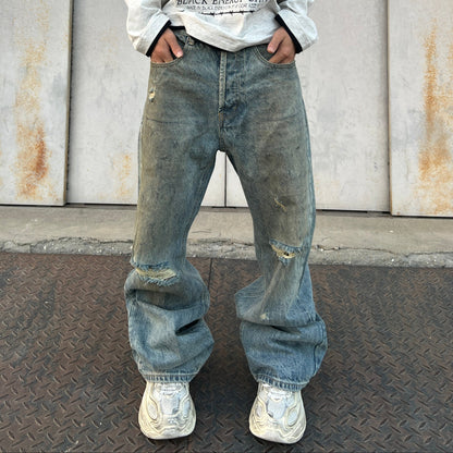 Washed Damage Wide Leg Denim Jeans WN24111