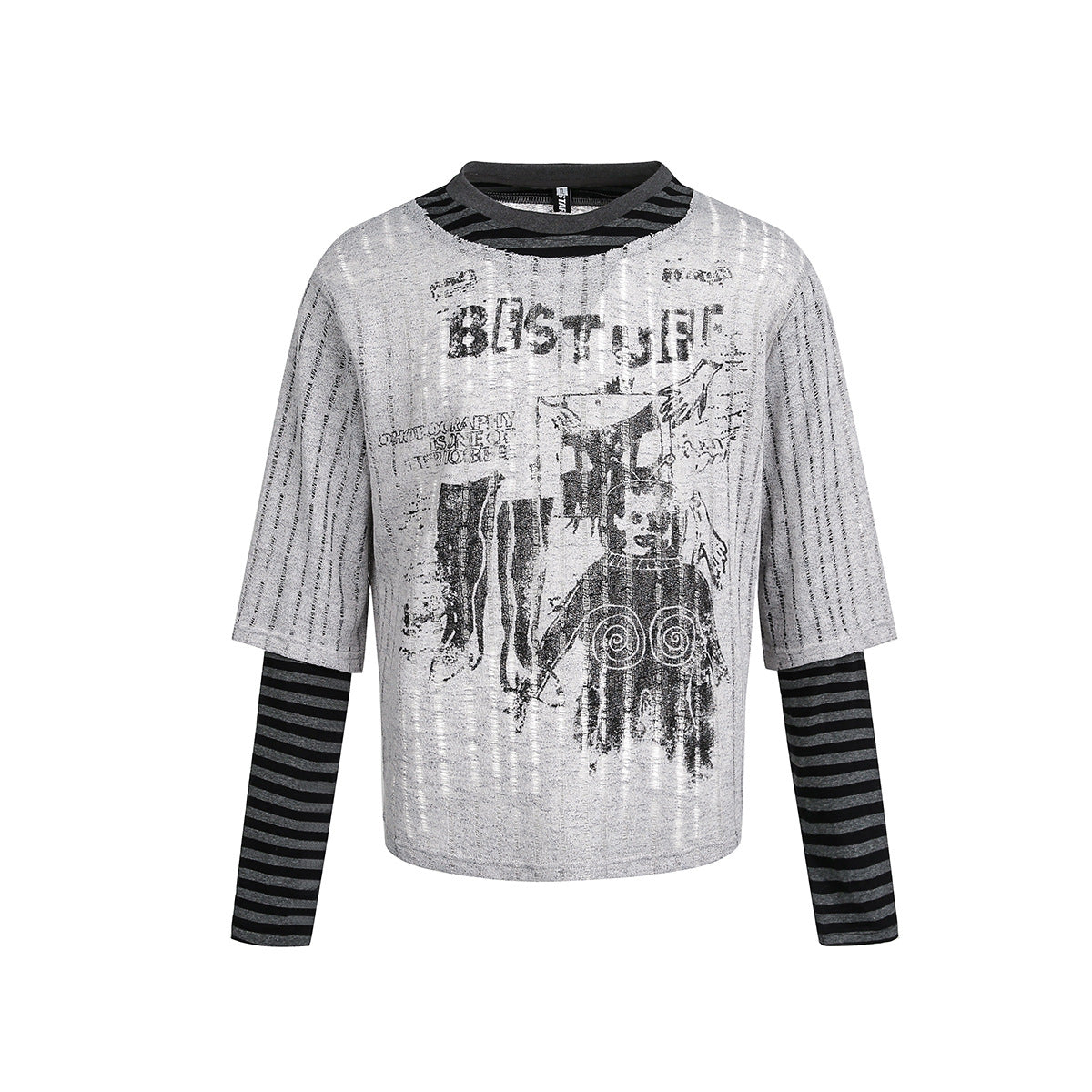 Stripe Fake Layered Graphic Long Sleeve T-Shirt WN25494