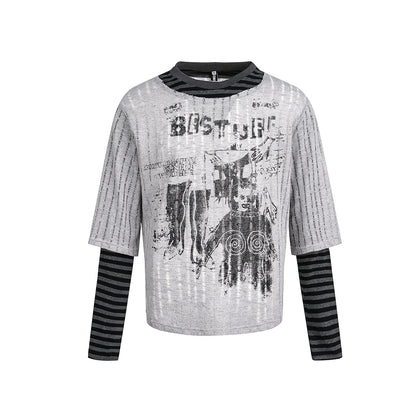 Stripe Fake Layered Graphic Long Sleeve T-Shirt WN25494