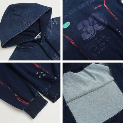 Denim impresión de sudadera con capucha de gran tamaño WN11428