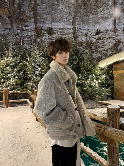 Fake Fur Collar Double Breasted Oversize Jacket WN23156