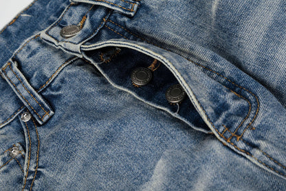 Washed Damage Whisker Wide Leg Denim Jeans WN26019