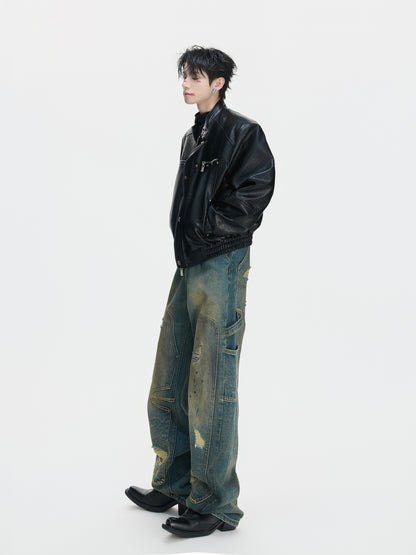 Heavyweight Washed Ripped Workwear Wide Leg Denim Jeans WN27006