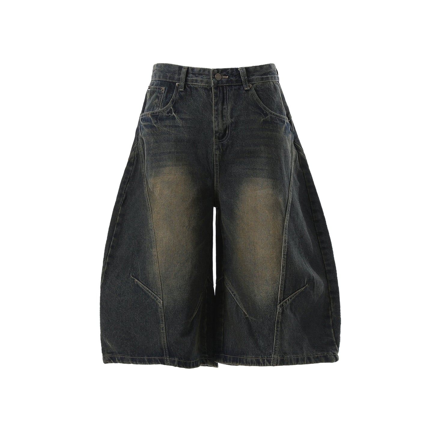 Deconstructed Washed Wide Leg Half Denim Jeans WN19569