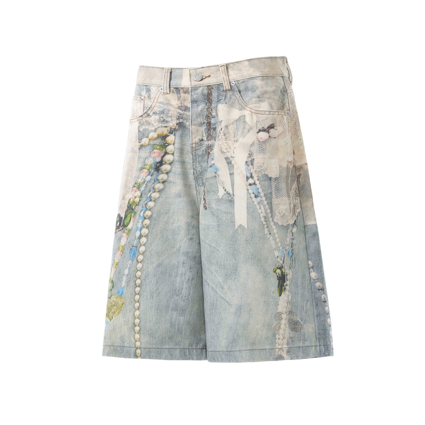 Pearl Chain Collage Print Denim Half Jeans WN25425