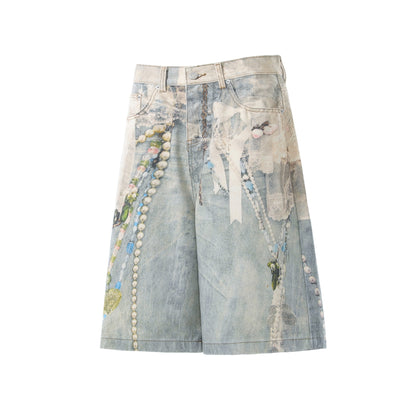 Pearl Chain Collage Print Denim Half Jeans WN25425