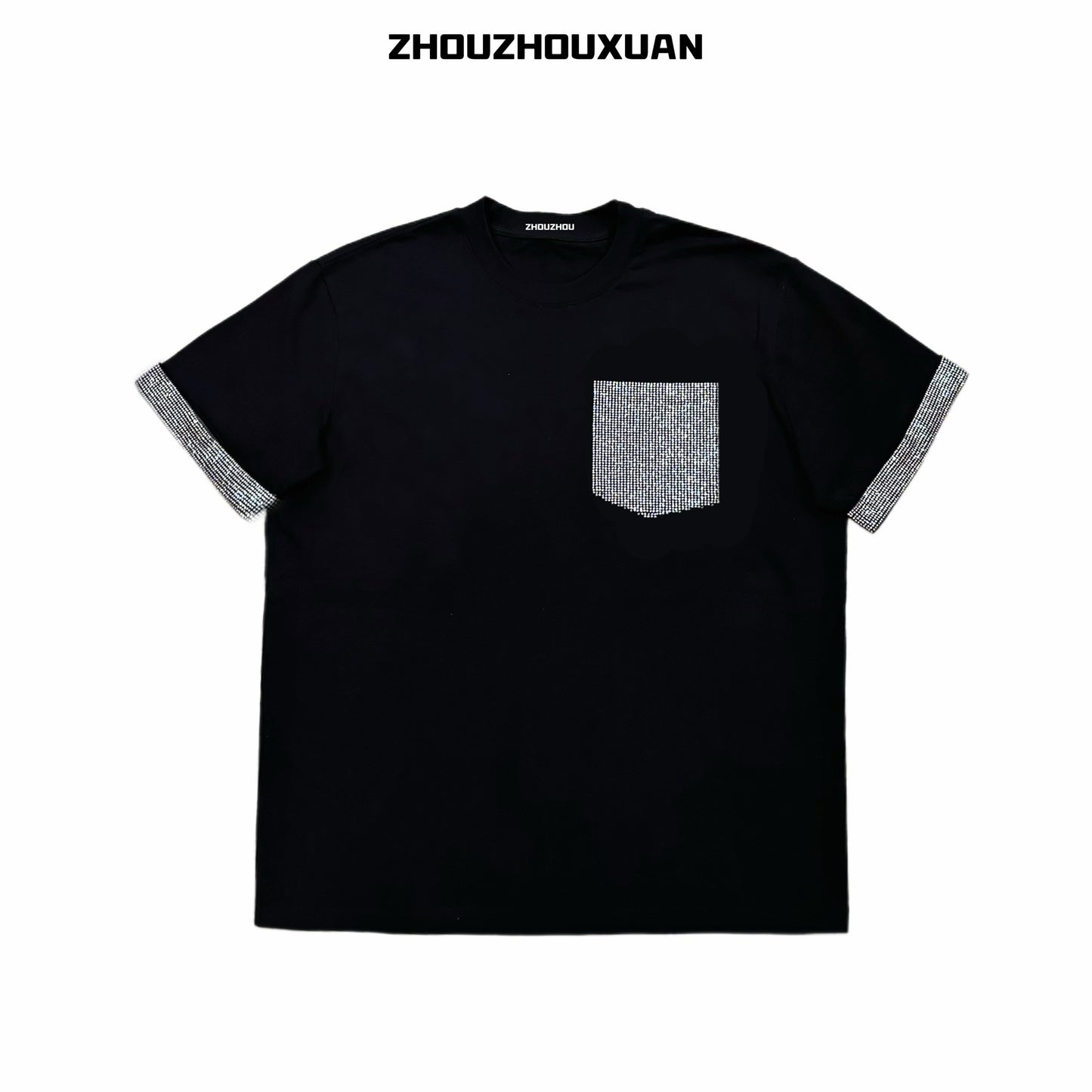 Color Black Rhinestone Pocket Short Sleeve T-Shirt WN20700