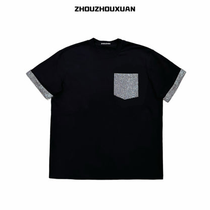 Color Black Rhinestone Pocket Short Sleeve T-Shirt WN20700