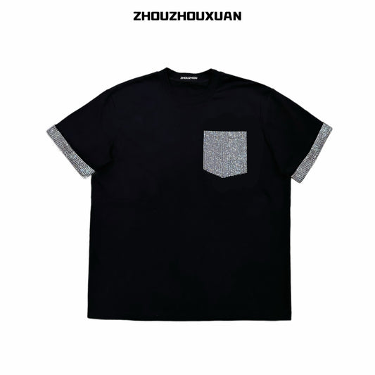 Color Black Rhinestone Pocket Short Sleeve T-Shirt WN20700