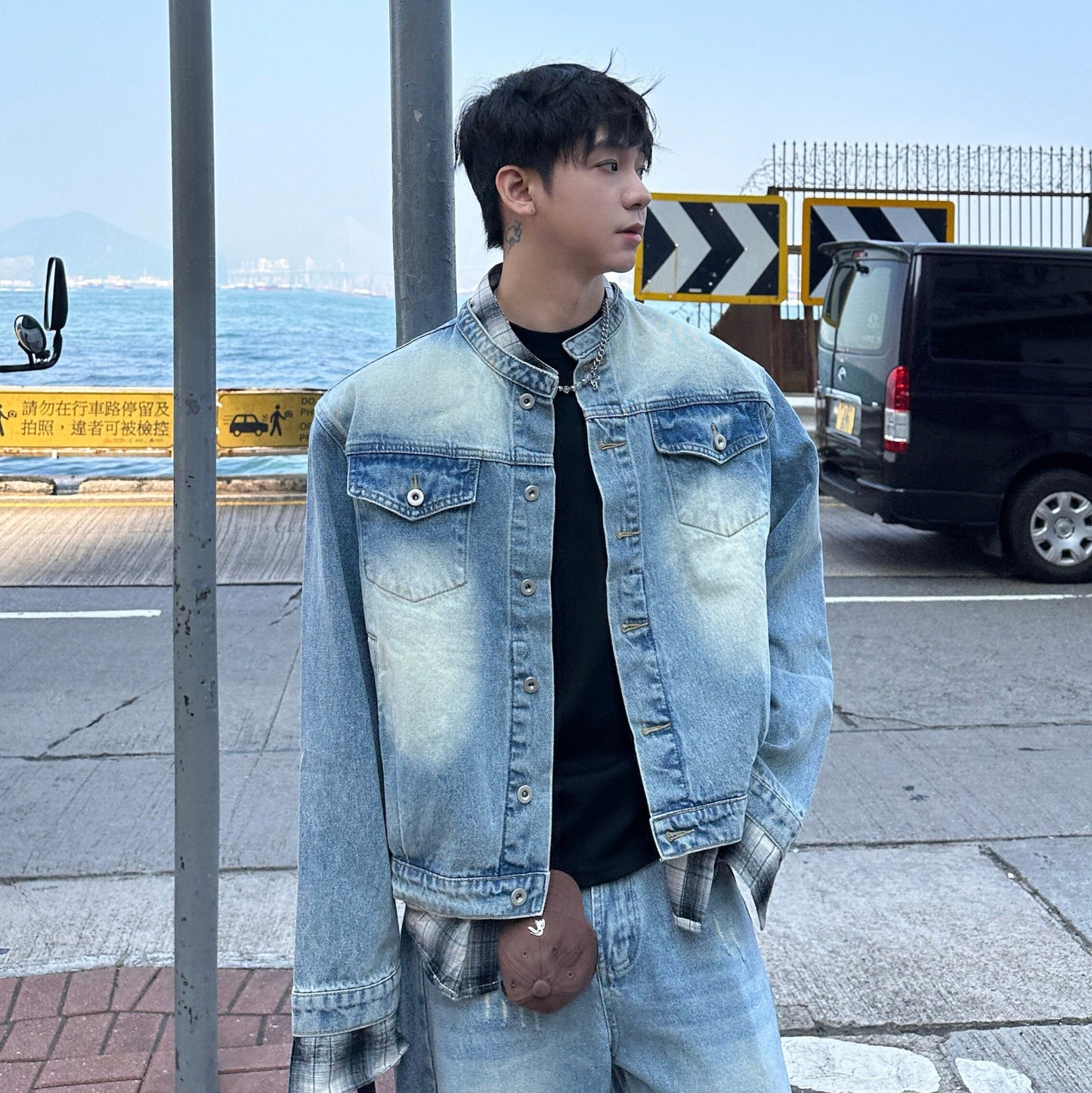 Fake Layered Stand Neck Gradient Wash Denim Jacket & Damage Wide Leg Denim Jeans Setup WN25231