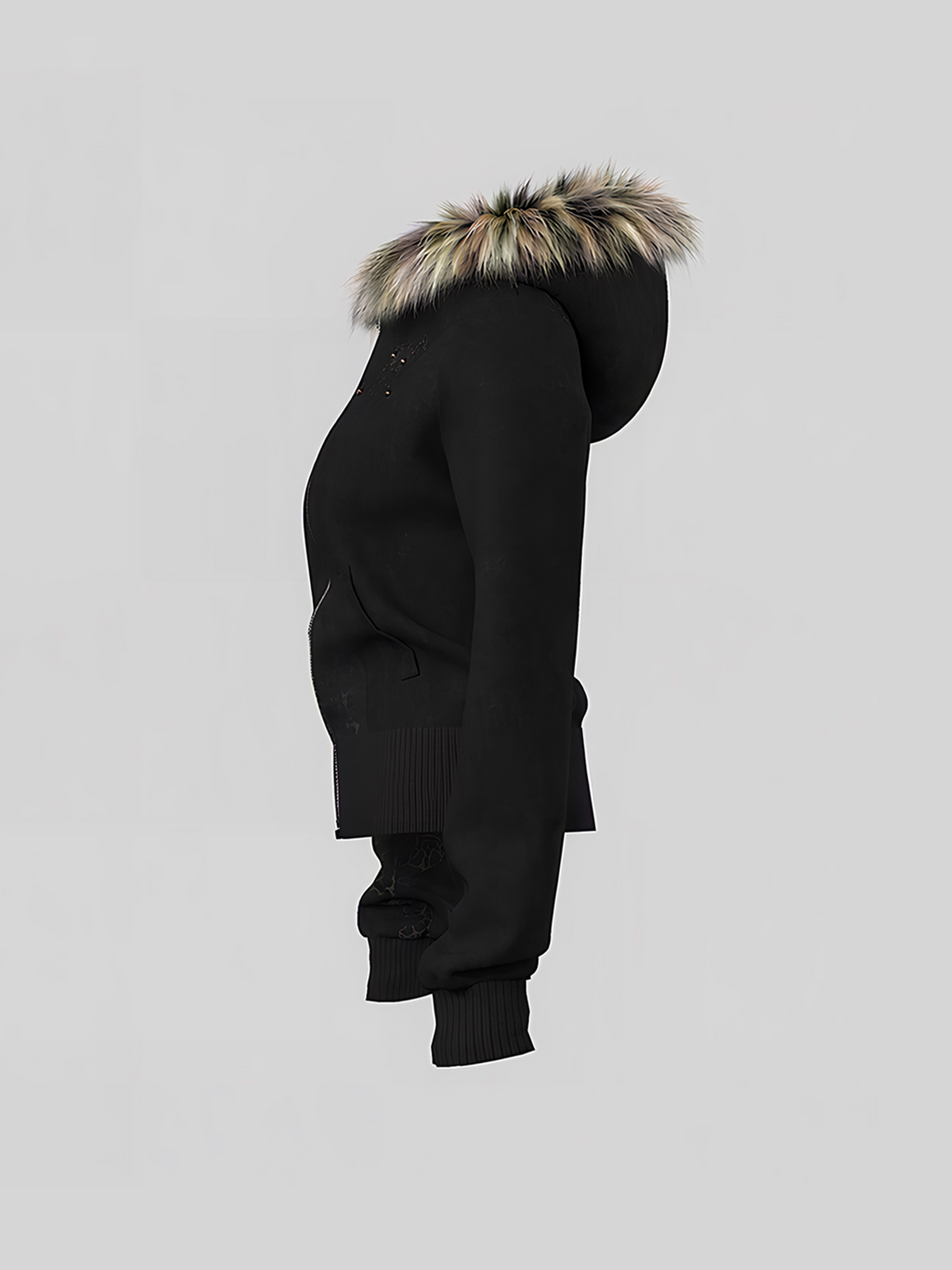 Fake Fox Fur Trim Skeleton Graphic Cropped Zipper Hoodie WN27097