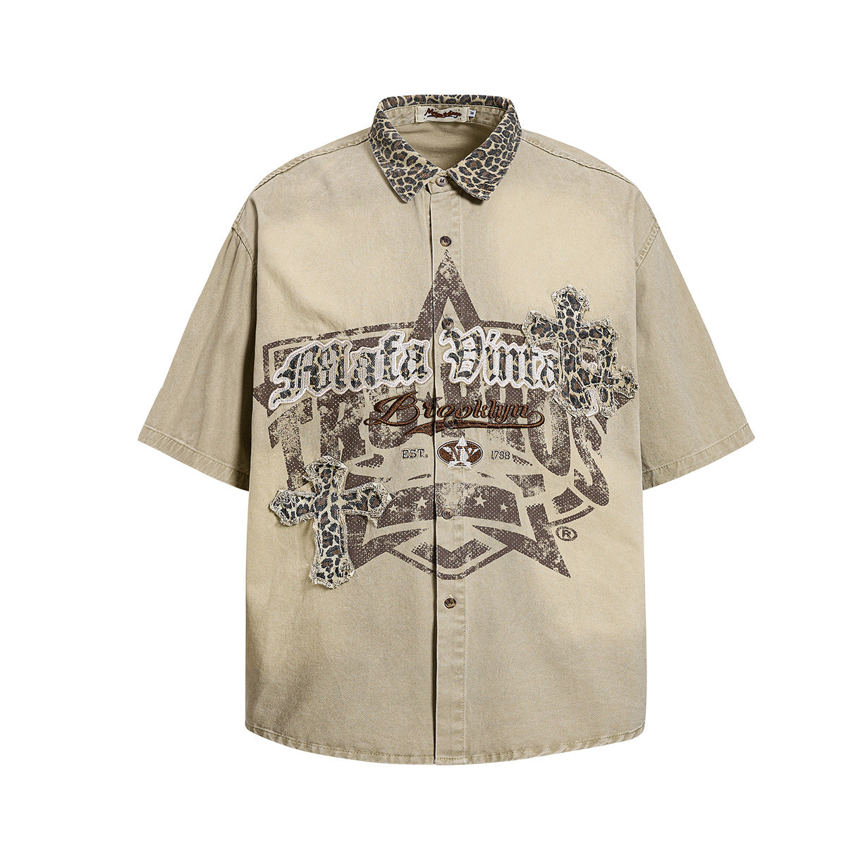 Leopard Print Cross Graphic Short Sleeve Shirt WN25474