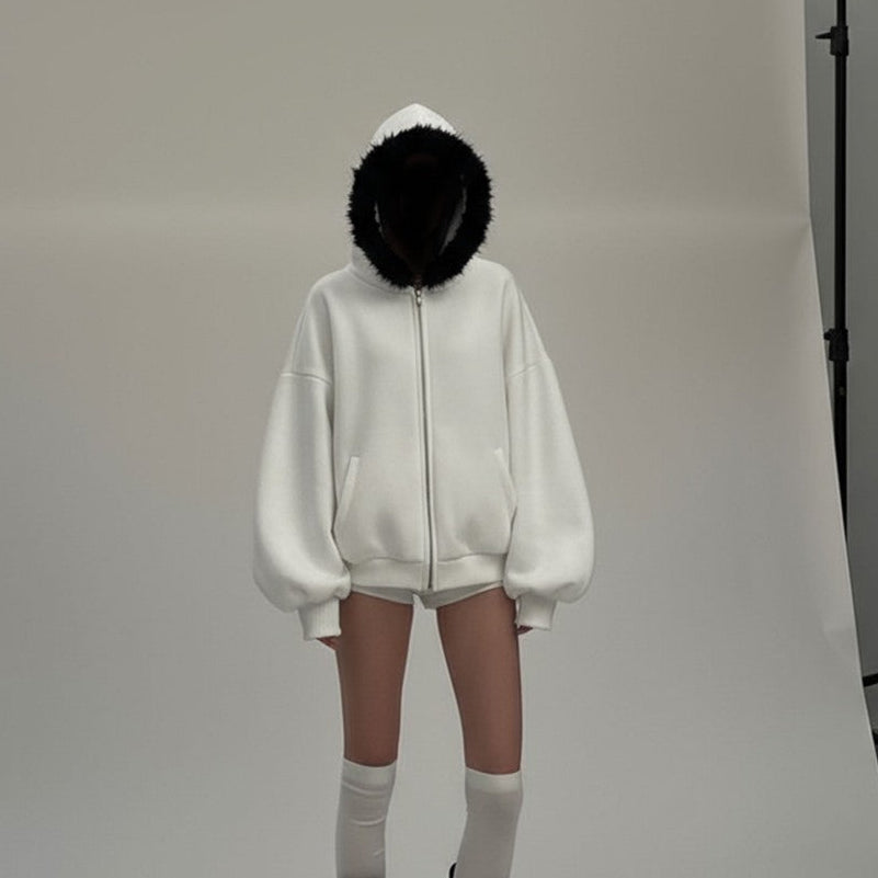 Fake Fur Fleece Lining Oversize Zipper Hoodie WN27959