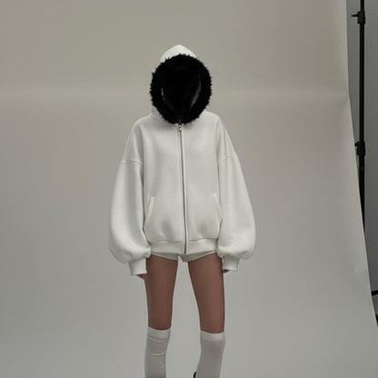 Fake Fur Fleece Lining Oversize Zipper Hoodie WN27959