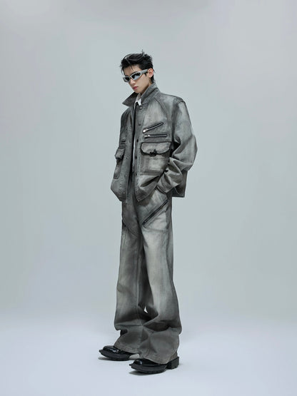 Washed Shoulder-Pad Denim Jacket & Zipper Flare Denim Jeans Setup WN21760