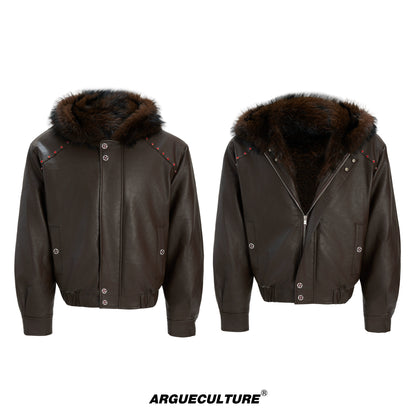 Hooded Fake Fur Collar PU Leather Jacket WN22594