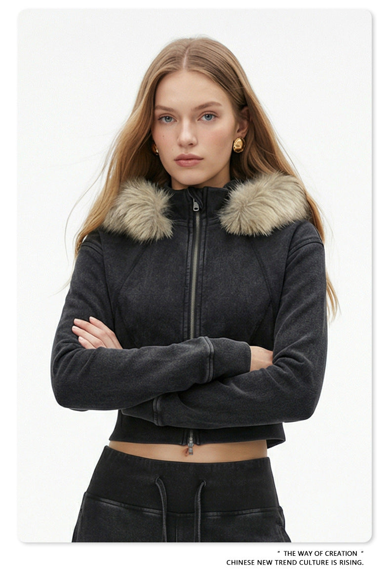 Fake Fur Lining Zip-Up Cropped Zipper Hoodie WN23115