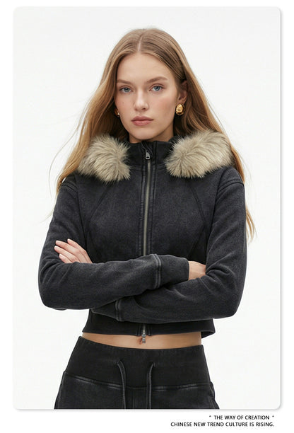 Fake Fur Lining Zip-Up Cropped Zipper Hoodie WN23115