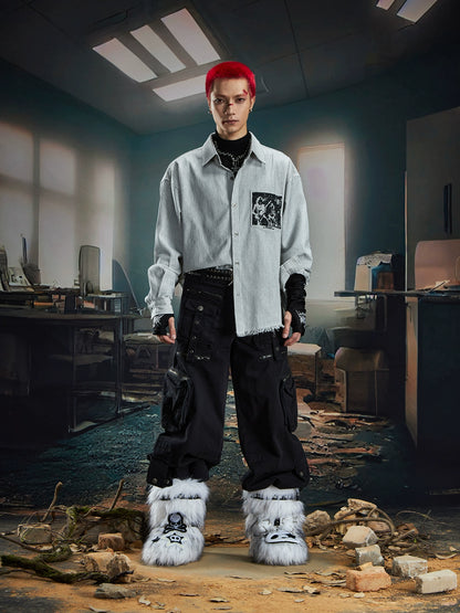 Print Stripe Damage Oversize Long Sleeve Shirt WN20560