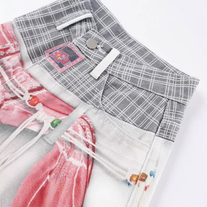 Plaid Deconstructed Drawstring Wide Leg Denim Jeans WN28043