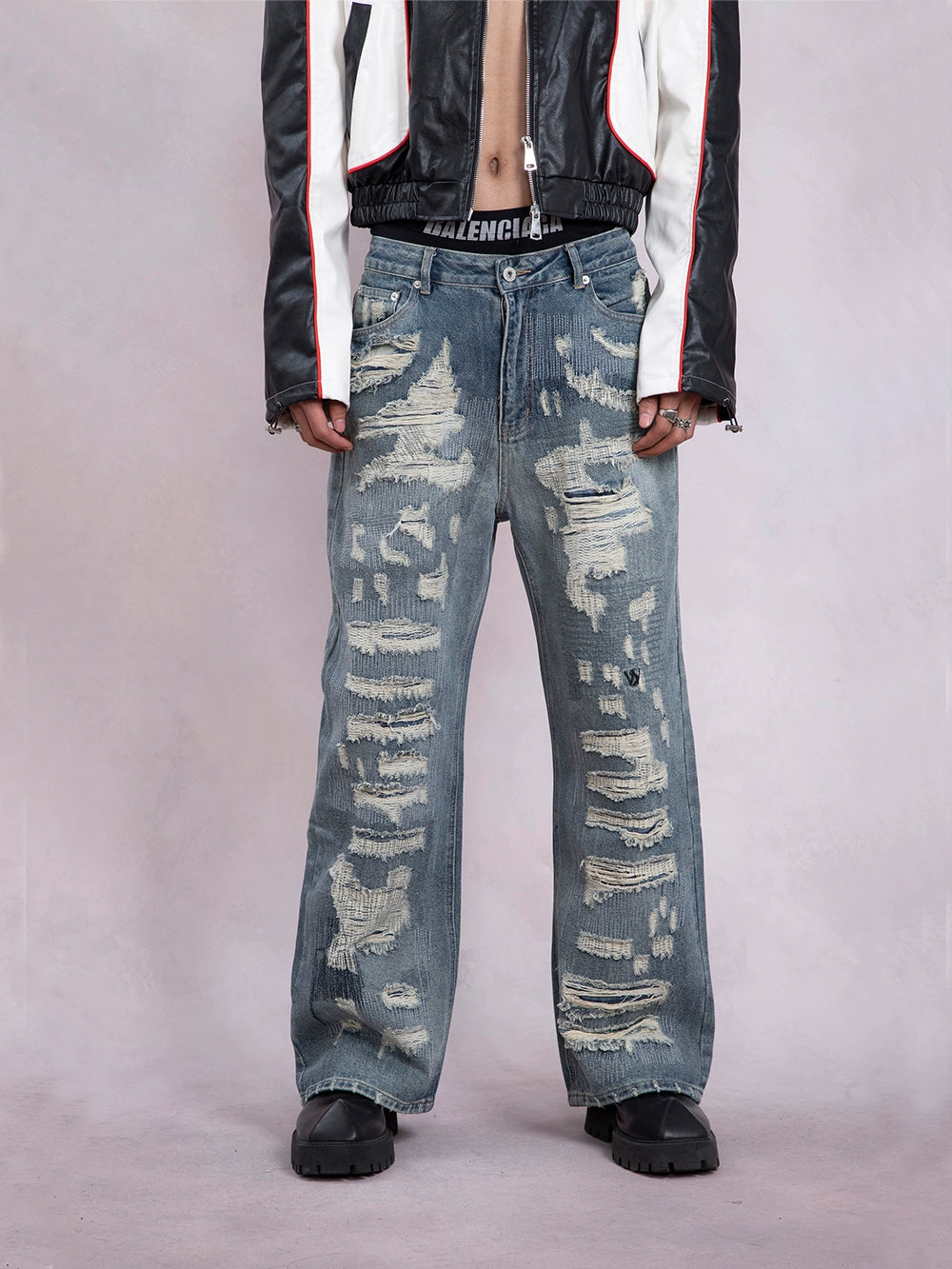 Damage Straight Leg Denim Jeans WN9329