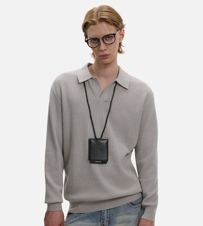 Hollow Texture Polo-Collar Knit Sweater WN21194