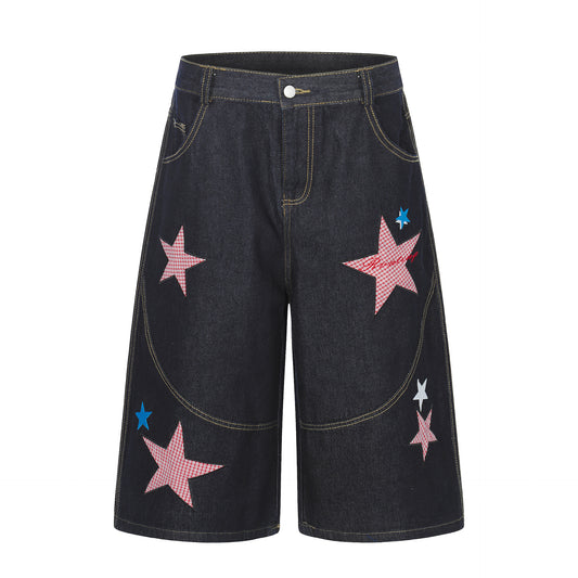 Star Patch Embroidery Denim Wide Leg Half Pants WN25693