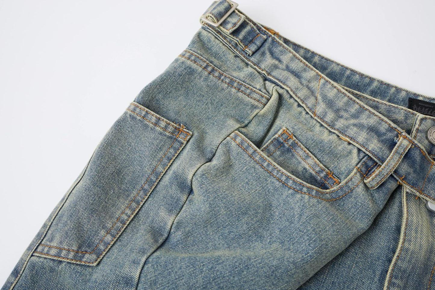 Washed Whisker Metal Buckle Denim Half Pants WN25513