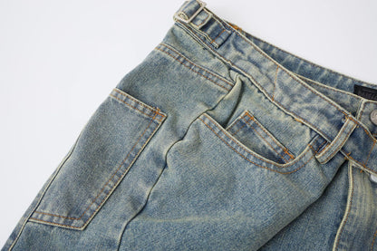 Washed Whisker Metal Buckle Denim Half Pants WN25513