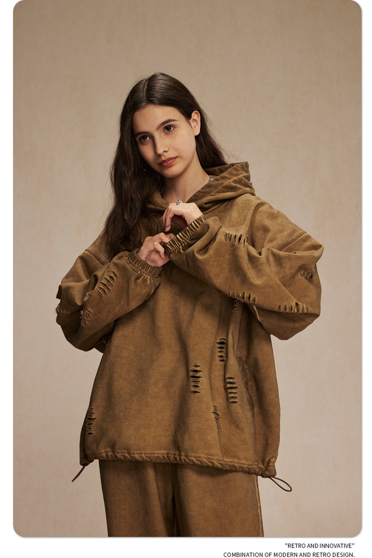 Oversize Drawstring Damage Hoodie WN9974