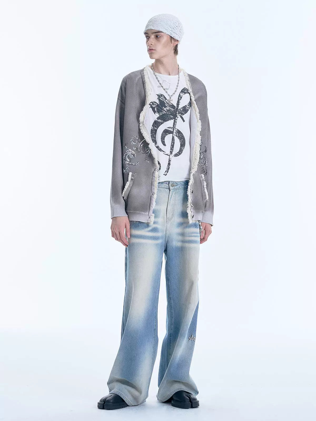 Sequin Embroidery Lace Trim Spray Wash Knit Cardigan WN18925