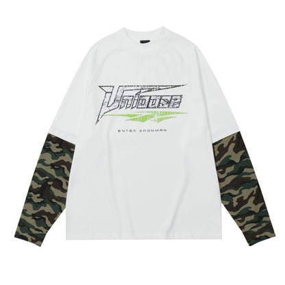 Cracked Letter Splicing Camouflage Fake Layered Long Sleeve T-shirt WN8422