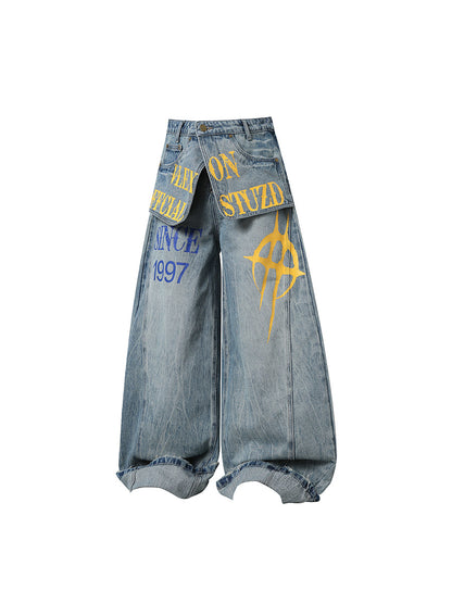 Fake Layered Panel Print Wide Leg Denim Jeans WN24231