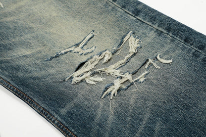 Damage Whisker Wash Straight Denim Jeans WN25951