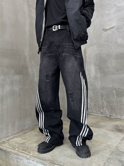 Damage Side Stripe Washed Wide Leg Denim Jeans WN21174