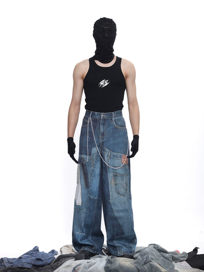 Patch 3D Print Color Block Wide Leg Denim Jeans WN18683