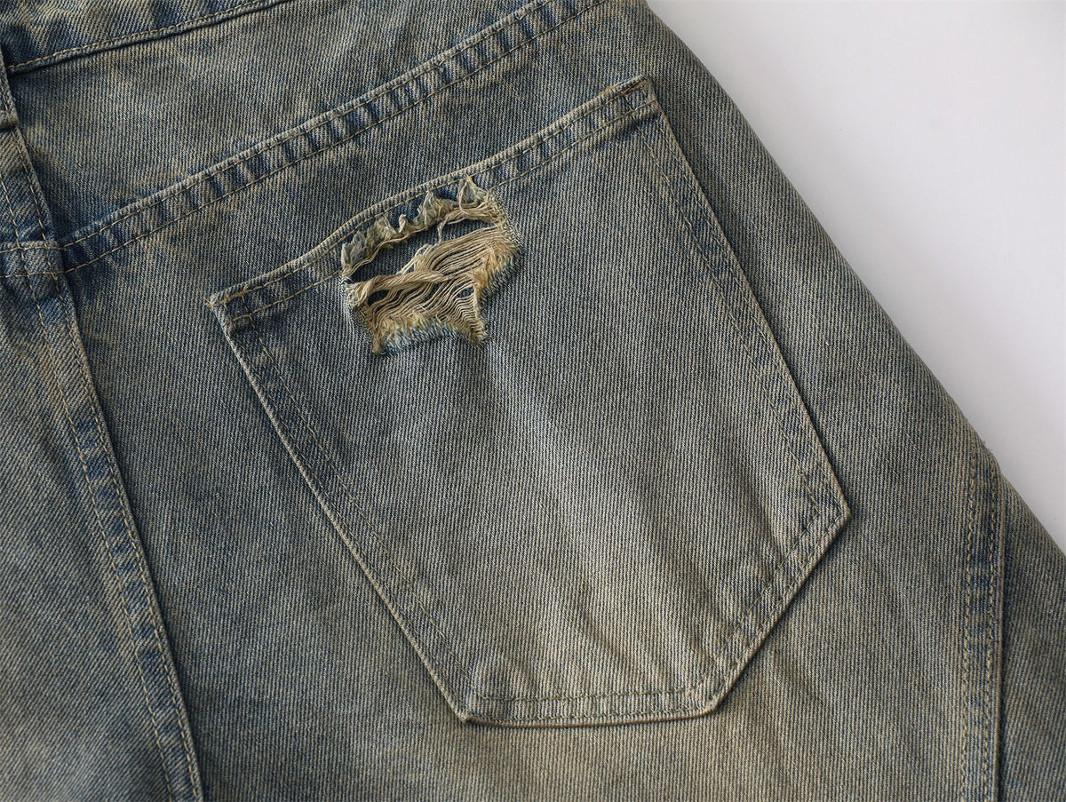 Washed Paint Splatter Ripped Curved Leg Denim Jeans WN26825