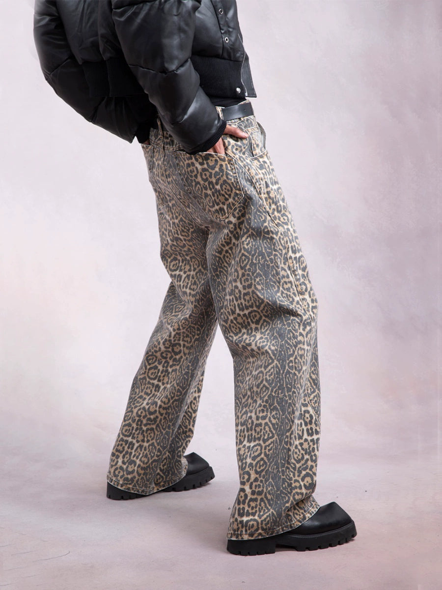 Washed Leopard Print Straight Denim Jeans WN9316