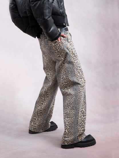 Washed Leopard Print Straight Denim Jeans WN9316