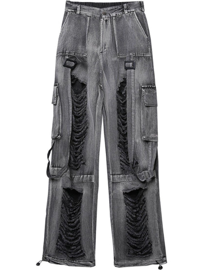 Ribbon Strap Damage Wash Wide Leg Denim Jeans WN22448