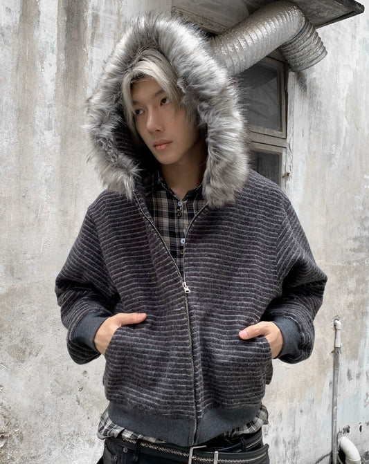 Stripe Detachable Hooded Zipper Jacket WN22224