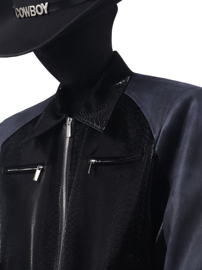 Crocodile Texture Contrast PU Leather Jacket WN23714