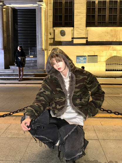 Camouflage Fake Fur Collar Hooded Short Puffer Jacket WN20728