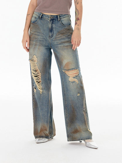 Washed Damage Embroidery Design Denim Jeans WN18866