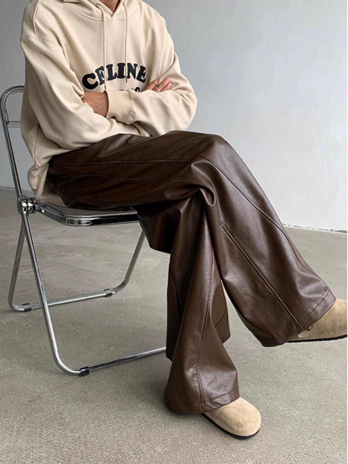 3D Cut PU Leather Wide Leg Pants WN19331