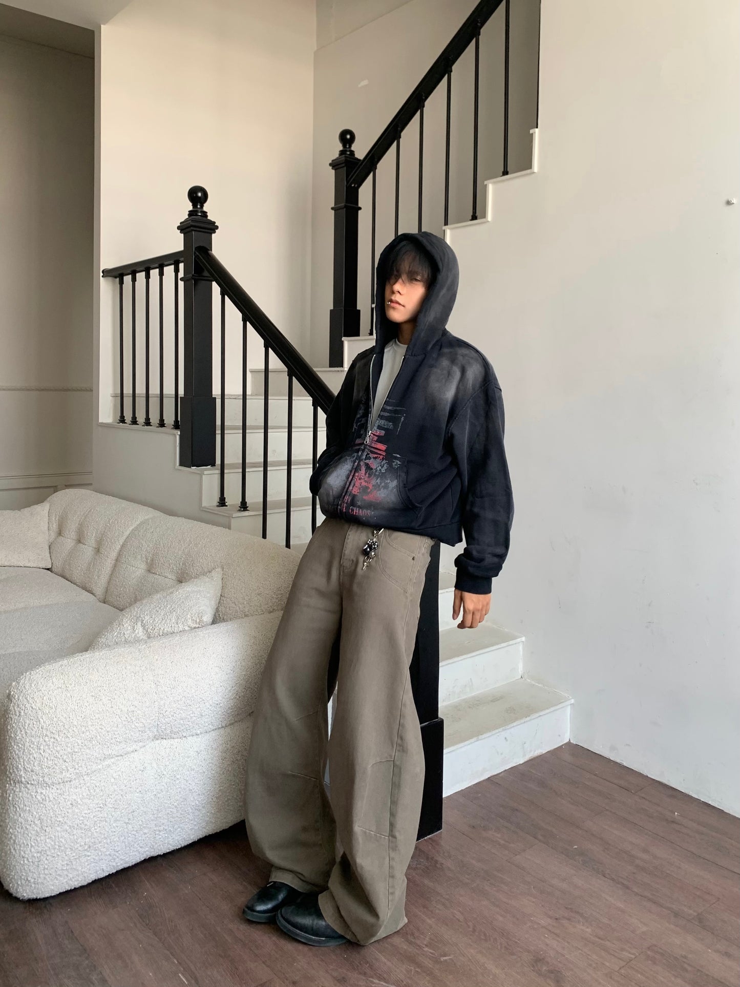 Paint Design Washed Zipper Hoodie WN22179