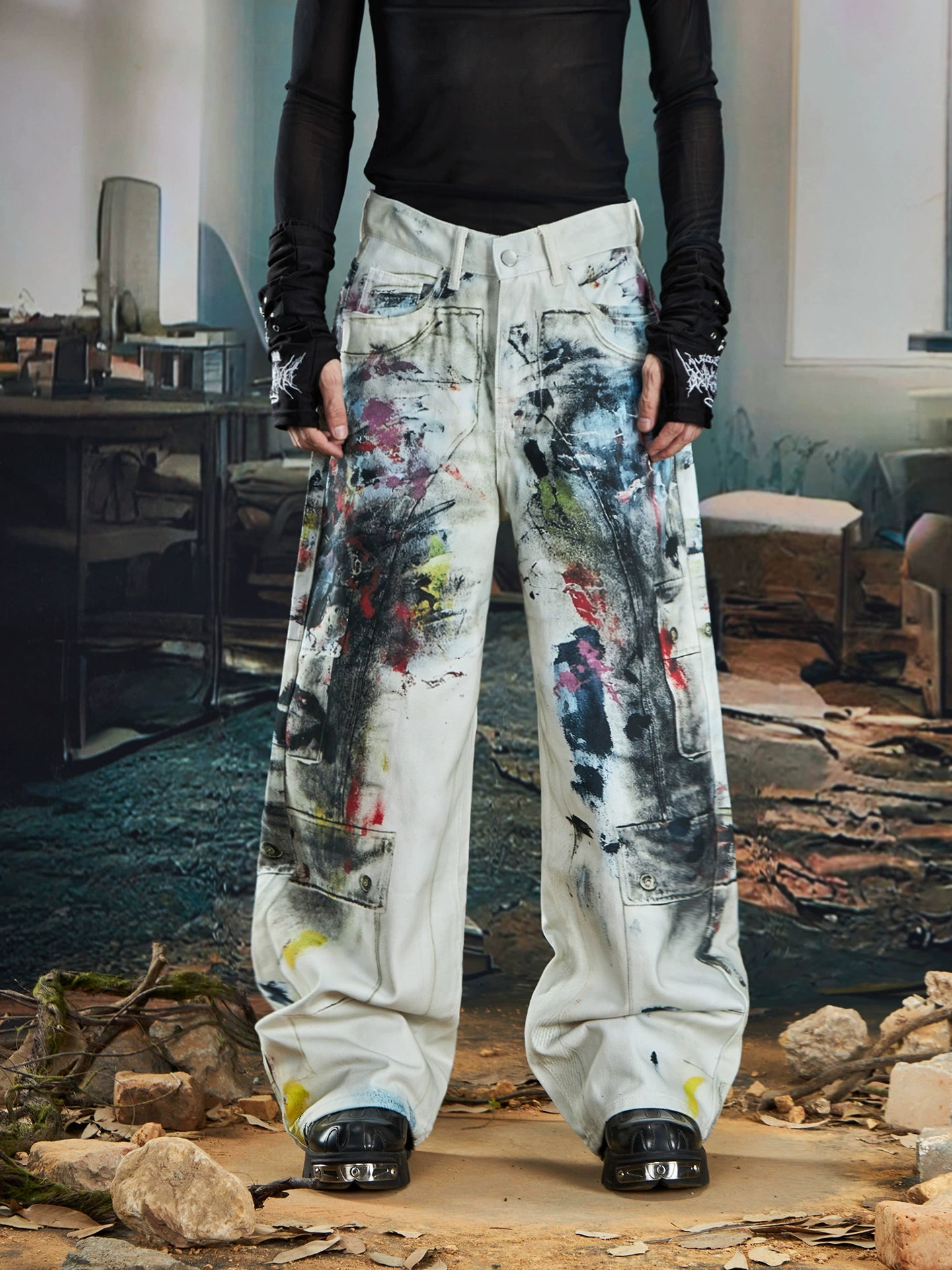 Rock Graffiti 3D Print Wide Leg Denim Jeans WN20556